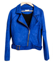 Chic Blue Suede Leather Short Motorcycle Biker Jacket Women's Lapel Zipper Wide-waisted Loose Coat Outerwear Tops