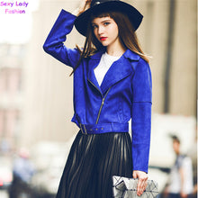 Chic Blue Suede Leather Short Motorcycle Biker Jacket Women's Lapel Zipper Wide-waisted Loose Coat Outerwear Tops