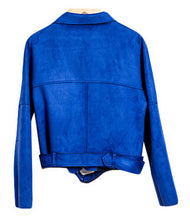 Chic Blue Suede Leather Short Motorcycle Biker Jacket Women's Lapel Zipper Wide-waisted Loose Coat Outerwear Tops