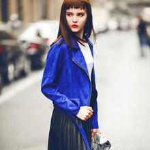 Chic Blue Suede Leather Short Motorcycle Biker Jacket Women's Lapel Zipper Wide-waisted Loose Coat Outerwear Tops