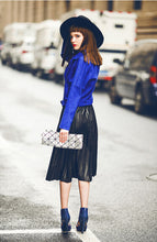 Chic Blue Suede Leather Short Motorcycle Biker Jacket Women's Lapel Zipper Wide-waisted Loose Coat Outerwear Tops