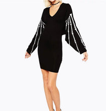 Chic V neck Bone Print Batwing Sleeve Short Dress Woman Vintage long sleeve Package hips Dresses Black