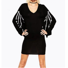 Chic V neck Bone Print Batwing Sleeve Short Dress Woman Vintage long sleeve Package hips Dresses Black
