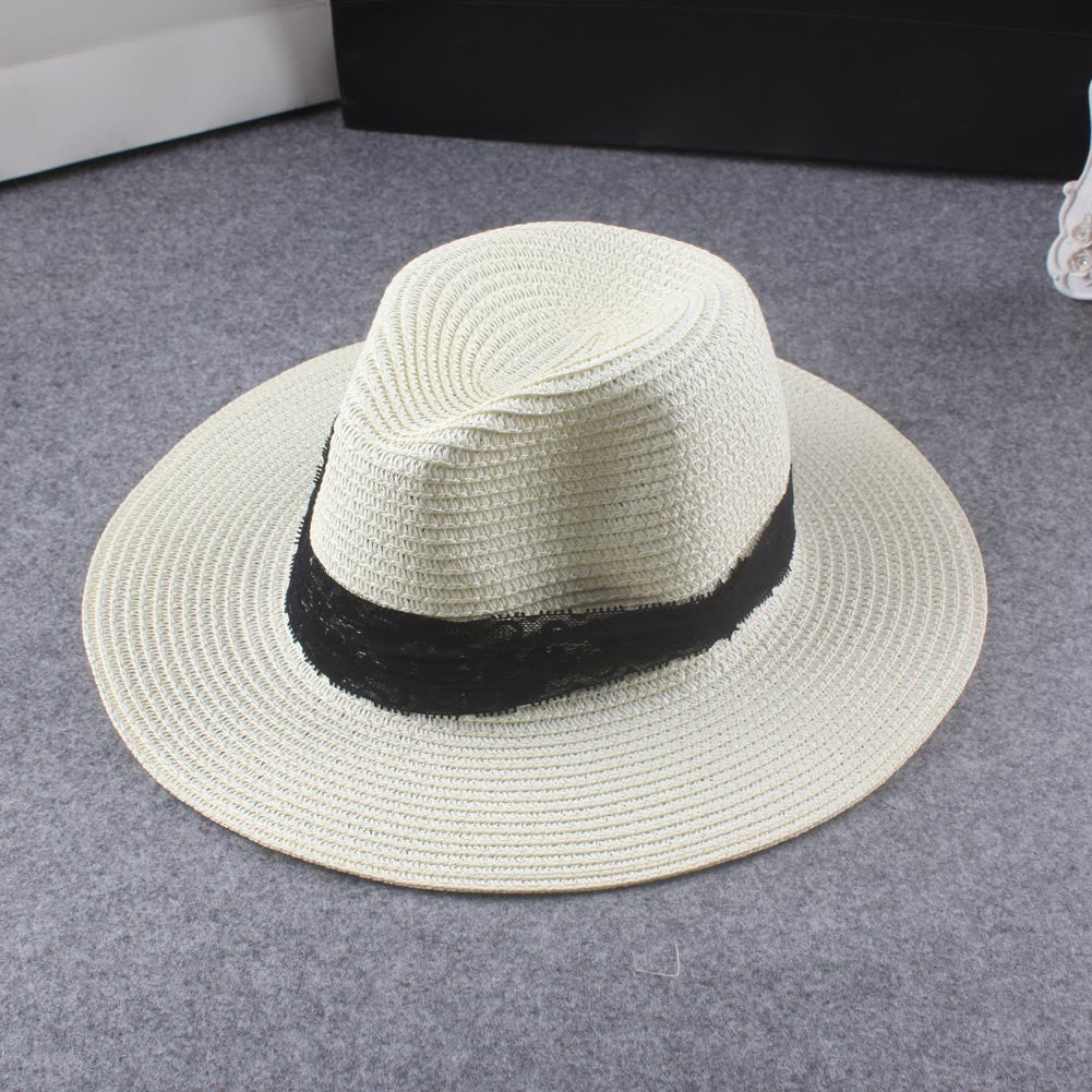 Cute Women Girls Straw Hat Solidcolor Cat Lace Belt Headwear Sun Bucket Sun Hat Women Cap Beachwear Camel/Beige