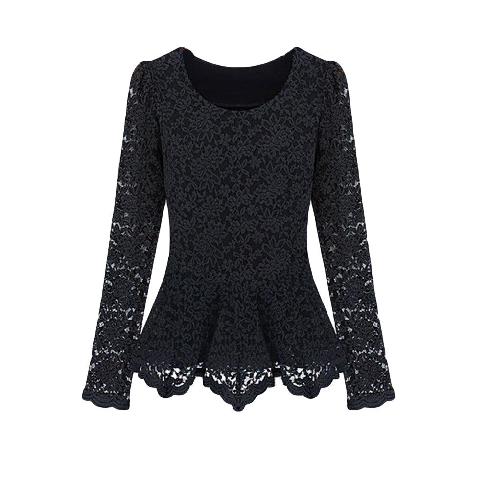 Elegant Women Lace Blouse Long Sleeve Peplum Slim Basic Shirt Tops blusa de renda ladies office shirt clothing Beige