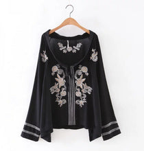 Ethnic Contrast Flower Embroidery Shirt Women Strappy neck Pullover Blouse Tops blusas chemise femme blusa White Black