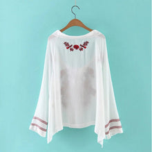 Ethnic Contrast Flower Embroidery Shirt Women Strappy neck Pullover Blouse Tops blusas chemise femme blusa White Black