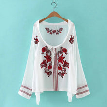 Ethnic Contrast Flower Embroidery Shirt Women Strappy neck Pullover Blouse Tops blusas chemise femme blusa White Black