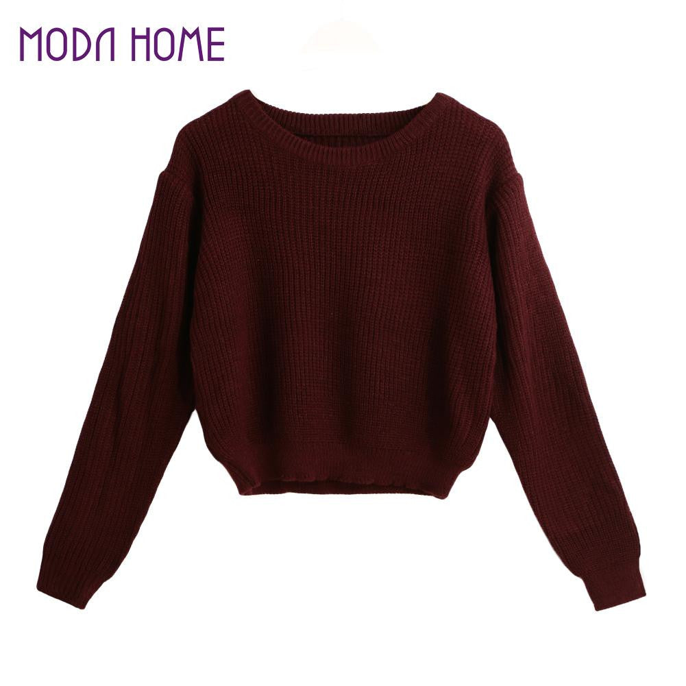 Fall Women Sweaters And Pullovers Knitted Sweater Solid O-Neck Long Sleeve Elegant Pullover Crop Top Knit Crop Top Mujer