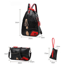 Fashion 3 Women Backpack Set PU Leather Leaf Applique Schoolbag for Teenagers Girls Student Travel Bag Black Mochilas Escolares