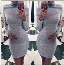 Women Mini Tricot Dress Turtleneck Grey Black Bodycon Office Dresses Casual Knitted Slim Vestidos Q0047