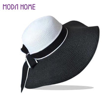 Hats for women Straw Sun Hat Wide Brim Contrastcolor Bowknot Floppy Cap Beach Bohemia Headwear Black and White