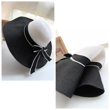 Hats for women Straw Sun Hat Wide Brim Contrastcolor Bowknot Floppy Cap Beach Bohemia Headwear Black and White