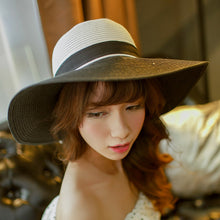 Hats for women Straw Sun Hat Wide Brim Contrastcolor Bowknot Floppy Cap Beach Bohemia Headwear Black and White
