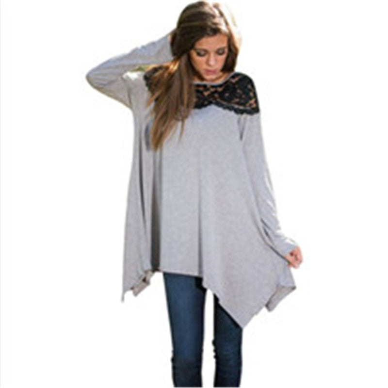 Irregular T shirt Women Long Sleeve Lace Patchwork Women Long Tshirt O-Neck Elegant Kawaii Top Tees Plus Size Clothing