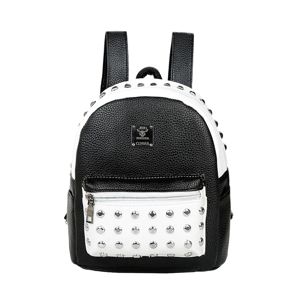 Fashion Women Black/White Backpack PU Leather Rivet Patchwork Casual Student Girls Schoolbag Teenagers Small Vintage Backpacks