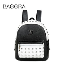 Fashion Women Black/White Backpack PU Leather Rivet Patchwork Casual Student Girls Schoolbag Teenagers Small Vintage Backpacks