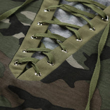 Fashion Women Camouflage Long Sleeve T-Shirt Lace Up Neck Cross Printed Sexy Slim T Shirt Tops Army Green Camisas Femininas