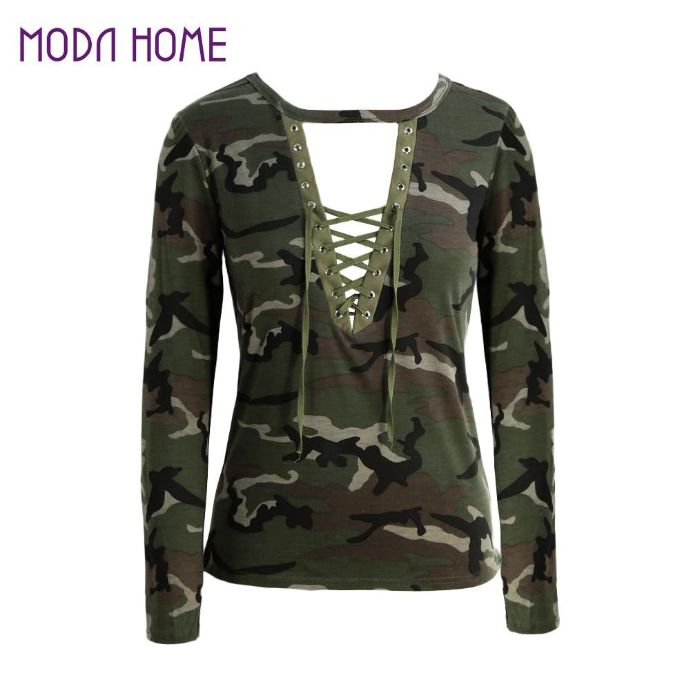 Fashion Women Camouflage Long Sleeve T-Shirt Lace Up Neck Cross Printed Sexy Slim T Shirt Tops Army Green Camisas Femininas