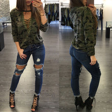 Fashion Women Camouflage Long Sleeve T-Shirt Lace Up Neck Cross Printed Sexy Slim T Shirt Tops Army Green Camisas Femininas