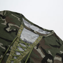Fashion Women Camouflage Long Sleeve T-Shirt Lace Up Neck Cross Printed Sexy Slim T Shirt Tops Army Green Camisas Femininas