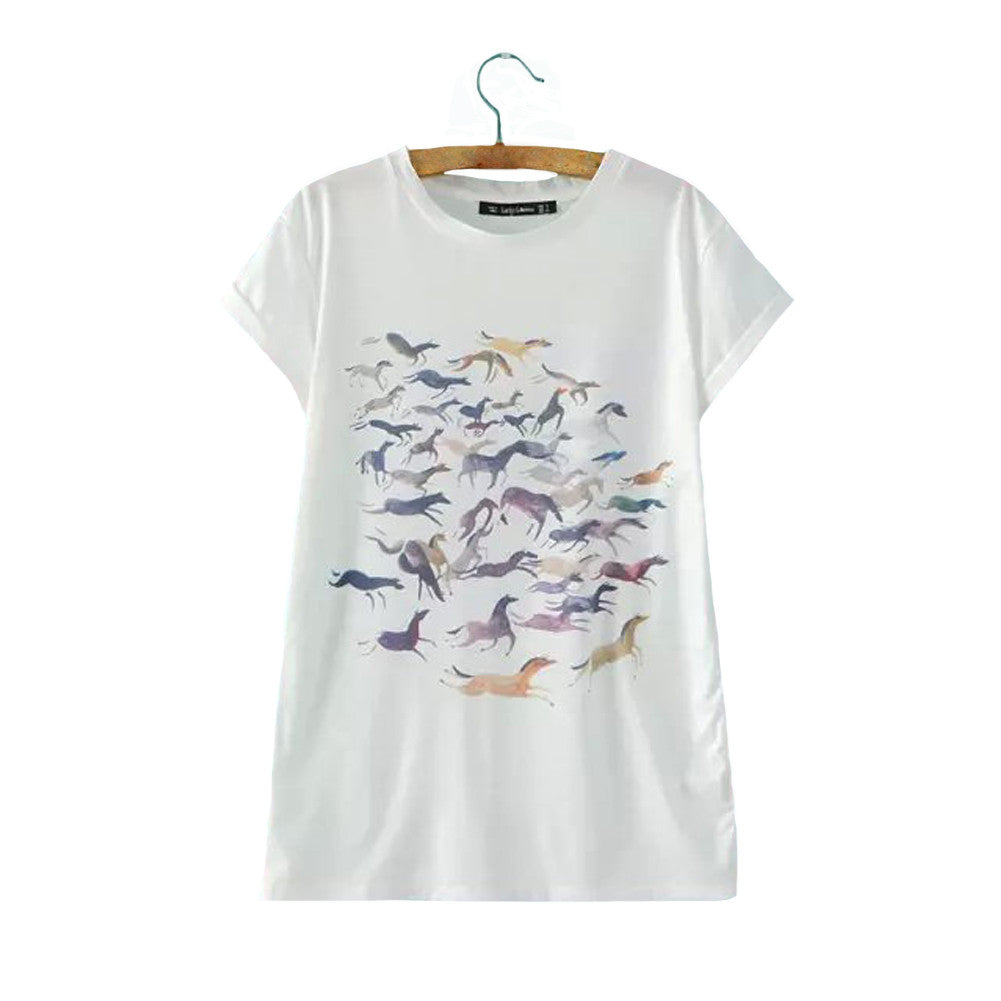Fashion Women T Shirt Camisas Femininas Animal Horse Print O Neck Short Sleeves Pullover Casual Loose T-shirt Tops White