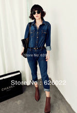 Women Lapel Long sleeve Denim Jumpsuit Ladies Plus Size Ladies Casual Rompers Boyfriend Free ship