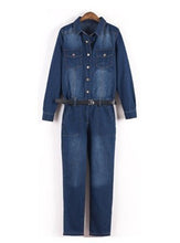 Women Lapel Long sleeve Denim Jumpsuit Ladies Plus Size Ladies Casual Rompers Boyfriend Free ship