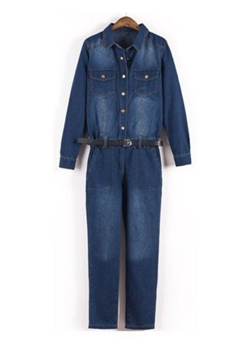 Women Lapel Long sleeve Denim Jumpsuit Ladies Plus Size Ladies Casual Rompers Boyfriend Free ship