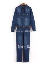 Women Lapel Long sleeve Denim Jumpsuit Ladies Plus Size Ladies Casual Rompers Boyfriend Free ship