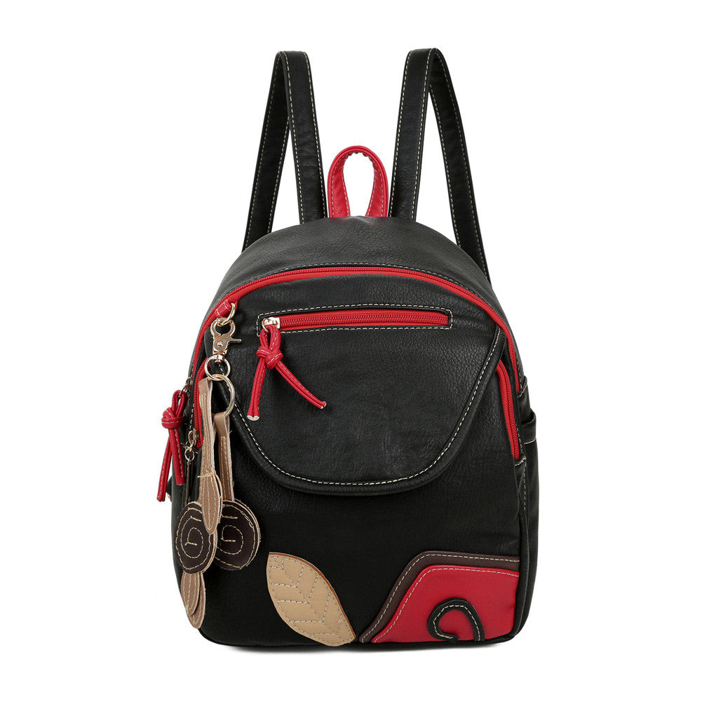Harajuku Vintage Women Backpack PU Leather Leaf Applique Zipper Mini Schoolbag Casual Travel Bag Teenage Girls Black Rugzak