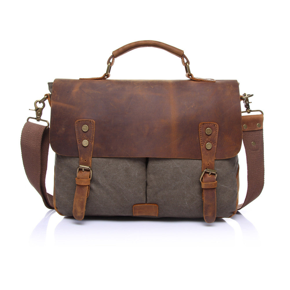 Men Retro Canvas Crossbody Bag Leather Cover Buckle Zipper Designer Handbags Casual Messenger Bag School Travel Bag