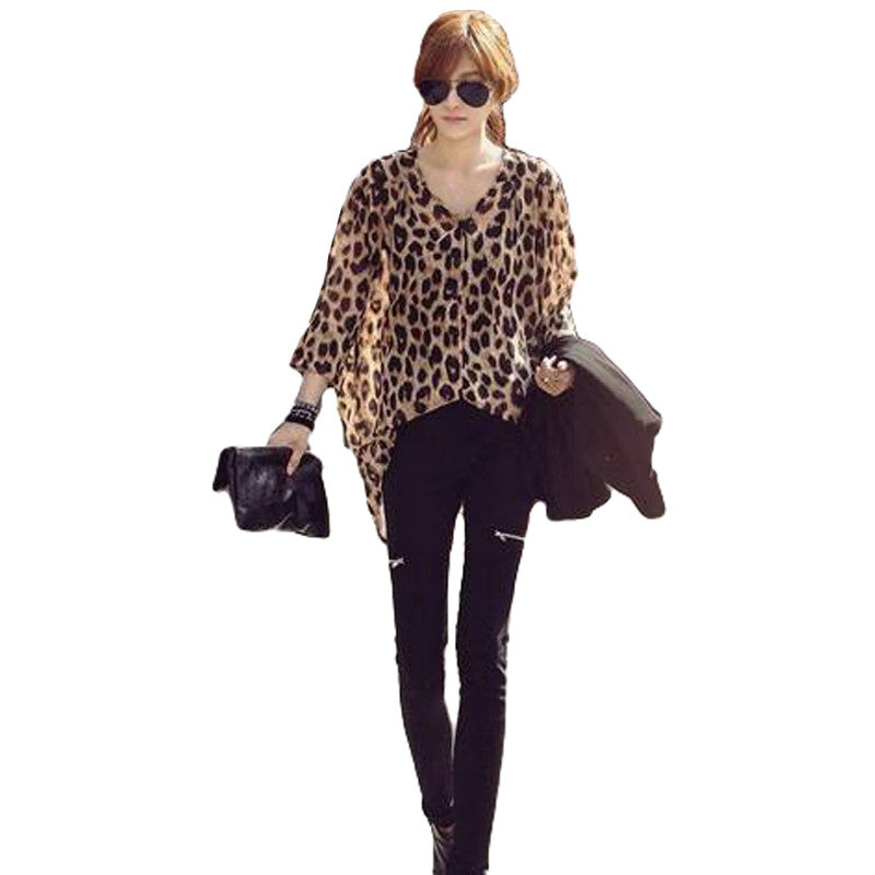 High Street Fshion Women Ladies Chiffon Blouse Leopard Printed Long Sleeve High-low Hem Loose Tops Camisas Femininas