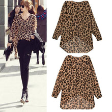 High Street Fshion Women Ladies Chiffon Blouse Leopard Printed Long Sleeve High-low Hem Loose Tops Camisas Femininas