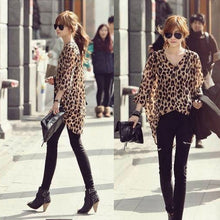 High Street Fshion Women Ladies Chiffon Blouse Leopard Printed Long Sleeve High-low Hem Loose Tops Camisas Femininas
