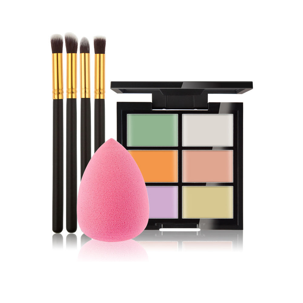 6-Color Concealer Primer +4 Black Gold Makeup Brush + Water Droplets Puff Cosmetic Tools maquiagem-