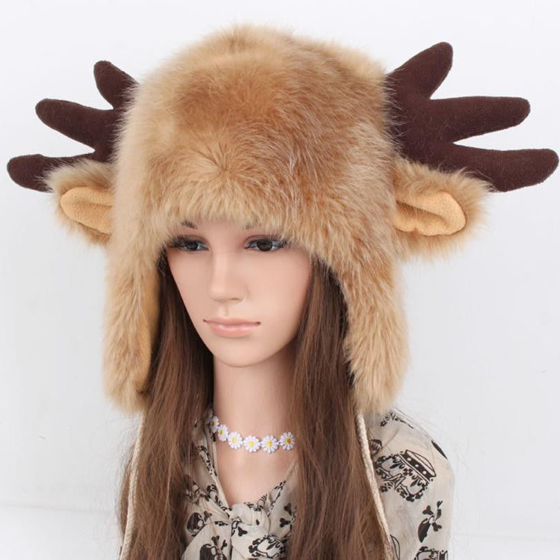 Women Ladies Fur Russian Pillbox Hat Women's Warm Hat Elk Horn