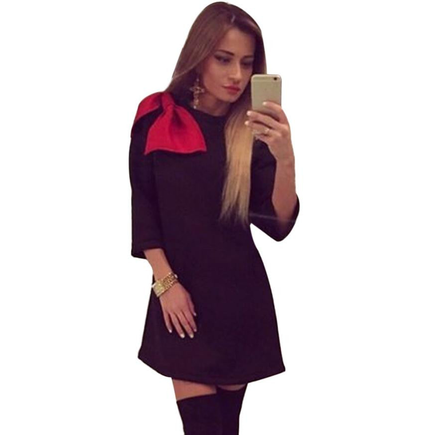 Fashion Women Vintage Bow O Neck Half Sleeve Dress Party Evening Mini Dress Plus Size