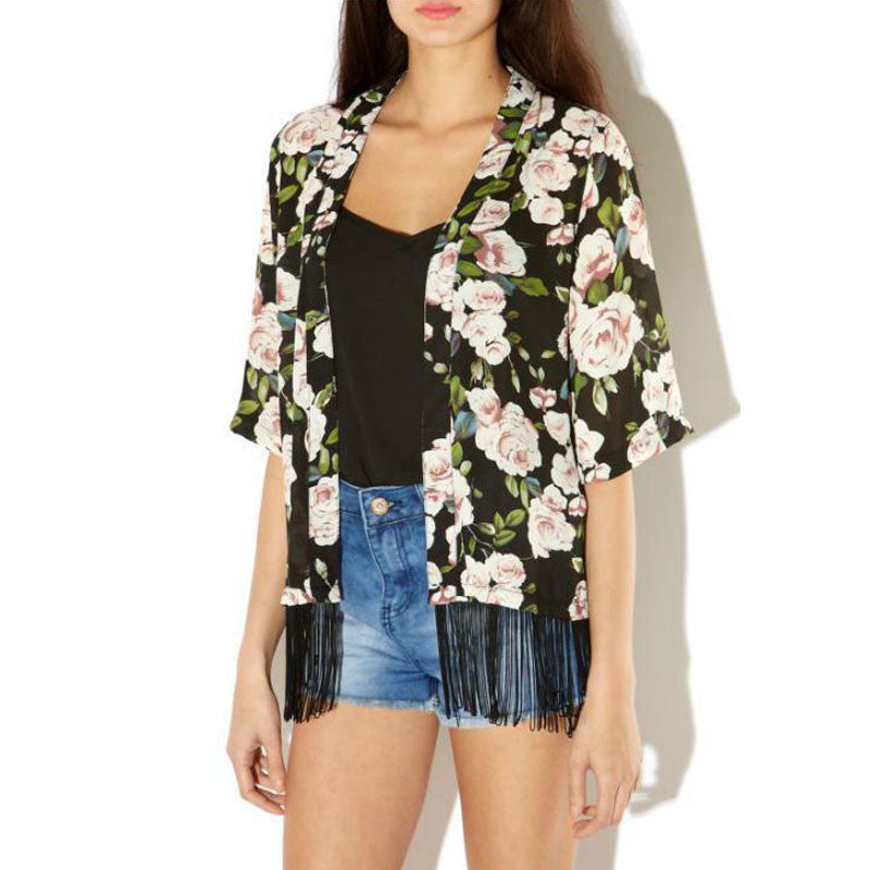 Women Chiffon Kimono Cardigan Tassel Regular Floral Print Blouse/Mujer Ropa Camisas Femininas