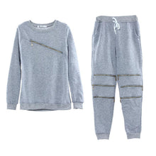 Women Sexy Zipper Leisure Round Neck Sweater Fleece T-shirt and Trousers Two Pieces Suit Cloth