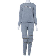 Women Sexy Zipper Leisure Round Neck Sweater Fleece T-shirt and Trousers Two Pieces Suit Cloth