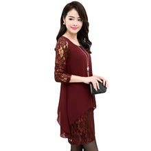 L-5XL Women Large Size Chiffon Lace Dress Irregular Long Sleeve Mini Double Layer Dress Elegant Loose Party Dress Black/Burgundy