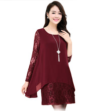 L-5XL Women Large Size Chiffon Lace Dress Irregular Long Sleeve Mini Double Layer Dress Elegant Loose Party Dress Black/Burgundy