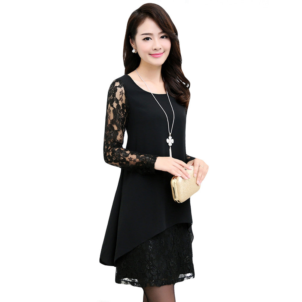 L-5XL Women Large Size Chiffon Lace Dress Irregular Long Sleeve Mini Double Layer Dress Elegant Loose Party Dress Black/Burgundy