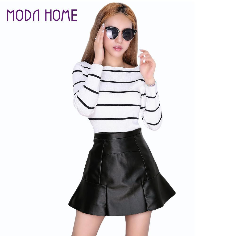 Ladies Black Pu Skirt Sexy Women Mini Skirt PU Leather Ruffled Hem Zipper Casual Elegant Slim Wrap Skirt Saia De Couro