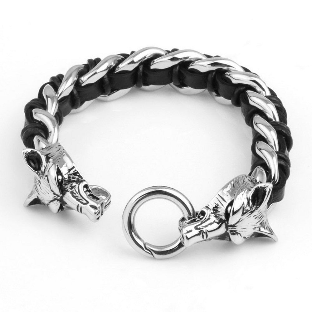 Men's Wolf Head Bracelet Hand-woven Cow Leather 316L Titanium Steel Polished al Ornaments Punk Rock