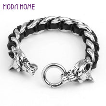 Men's Wolf Head Bracelet Hand-woven Cow Leather 316L Titanium Steel Polished al Ornaments Punk Rock