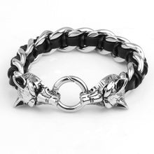 Men's Wolf Head Bracelet Hand-woven Cow Leather 316L Titanium Steel Polished al Ornaments Punk Rock