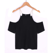 Metal Chain Off Shoulder T shirt Women Sexy Top tshirt Women Black Cotton Strap Tee Shirt Femme Plus Size Women's T shirt