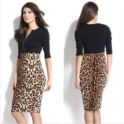 Women Sexy Leopard Patchwork Pencil Dress Zipper Slim V-neck OL Casual Dress Elegant Party Dresses Vestidos